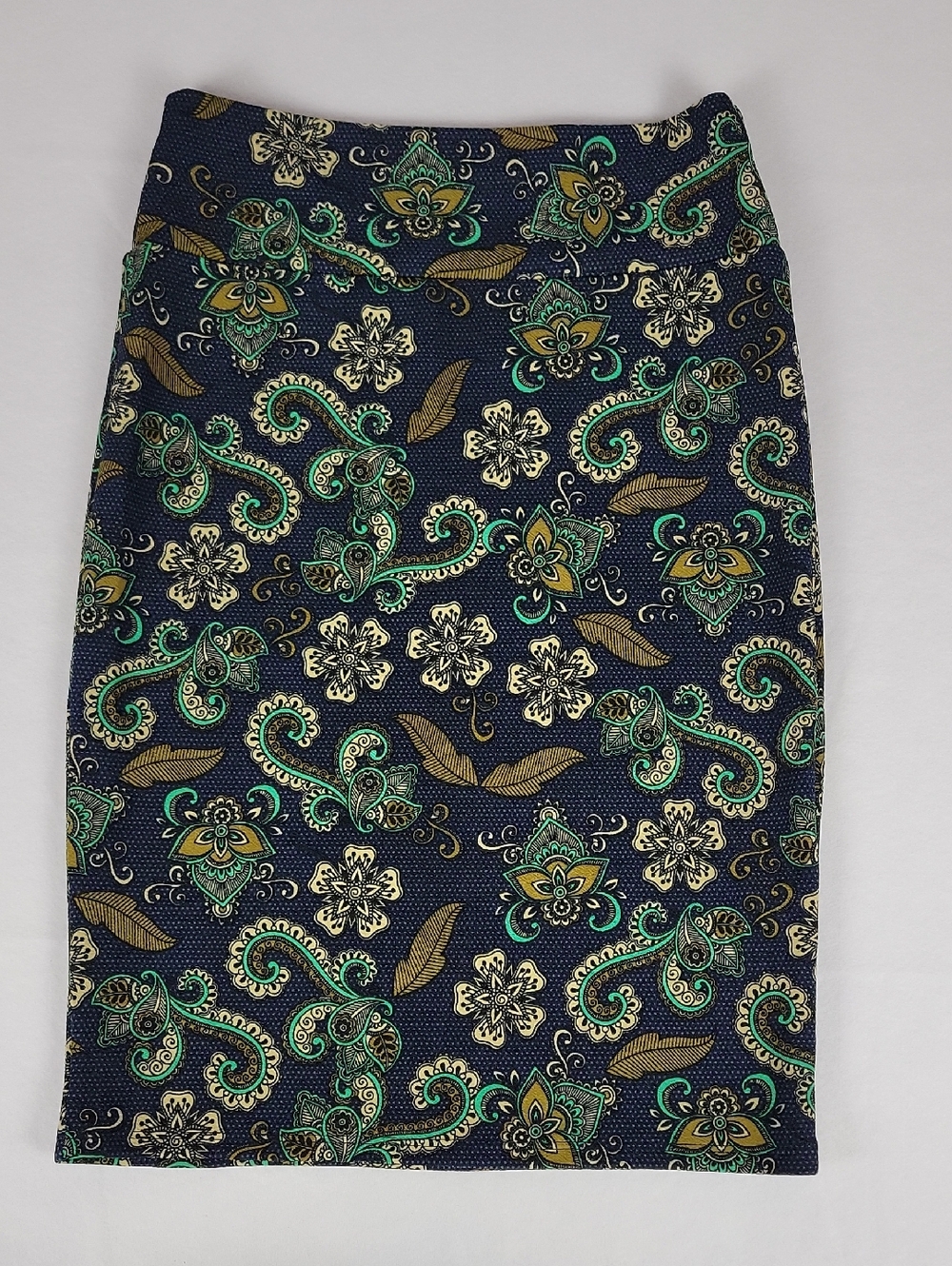 LuLaRoe Navy Pencil Skirt with Green & Gold Paisley Size M